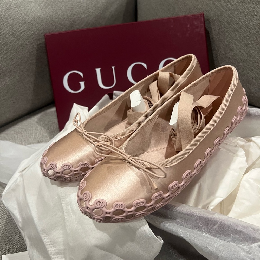 New Gucci Light Pink Ribbon Ballet Flats GG logo - Picture 12 of 15